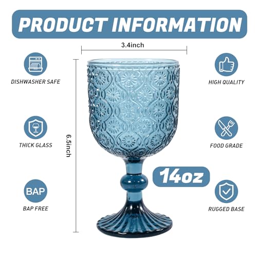 Blue Vintage Wine Glass Set for Weddings and Parties, Dishwasher Safe, 6 Piece Goblet Collection, 14oz Blue Colored Wine