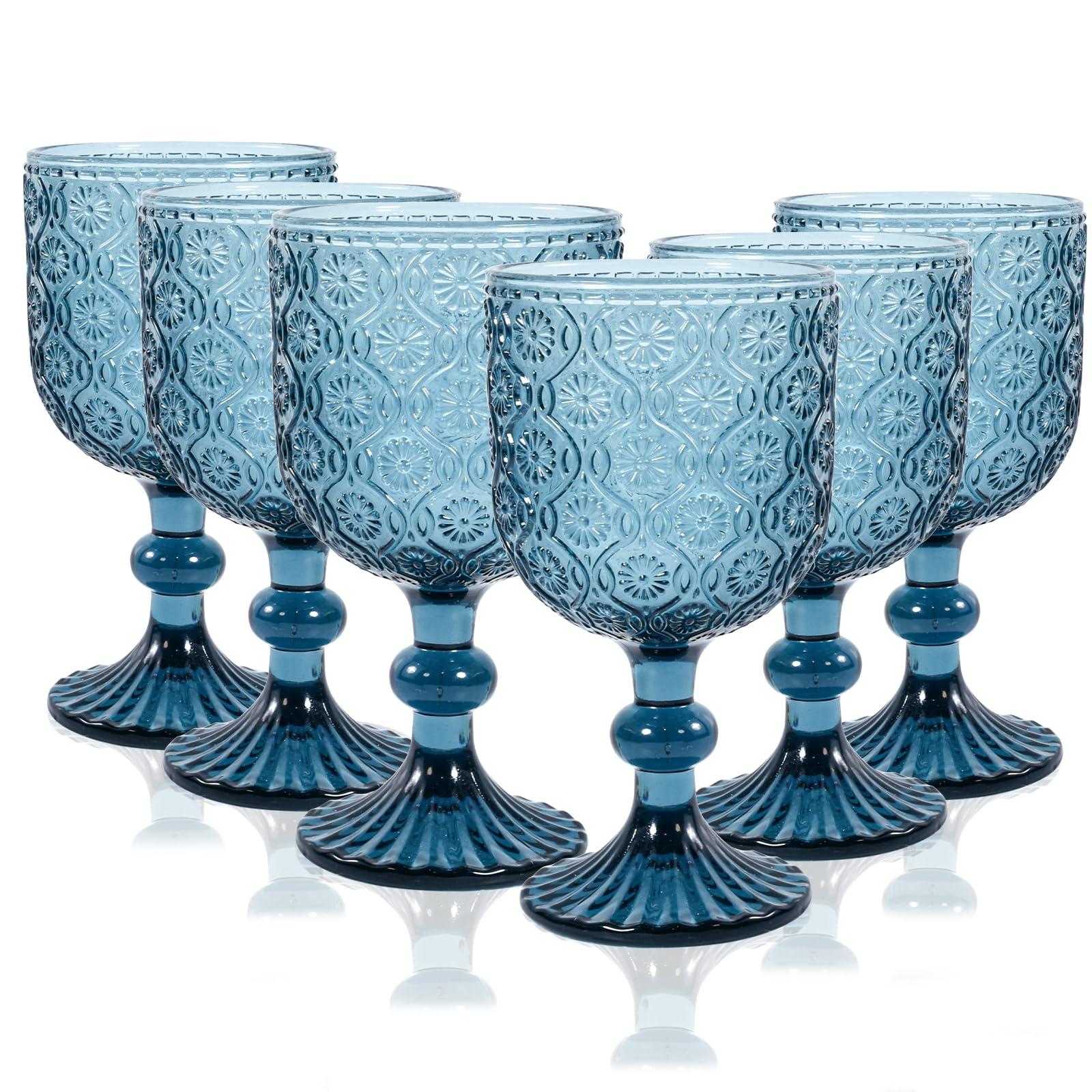 Blue Vintage Wine Glass Set for Weddings and Parties, Dishwasher Safe, 6 Piece Goblet Collection, 14oz Blue Colored Wine